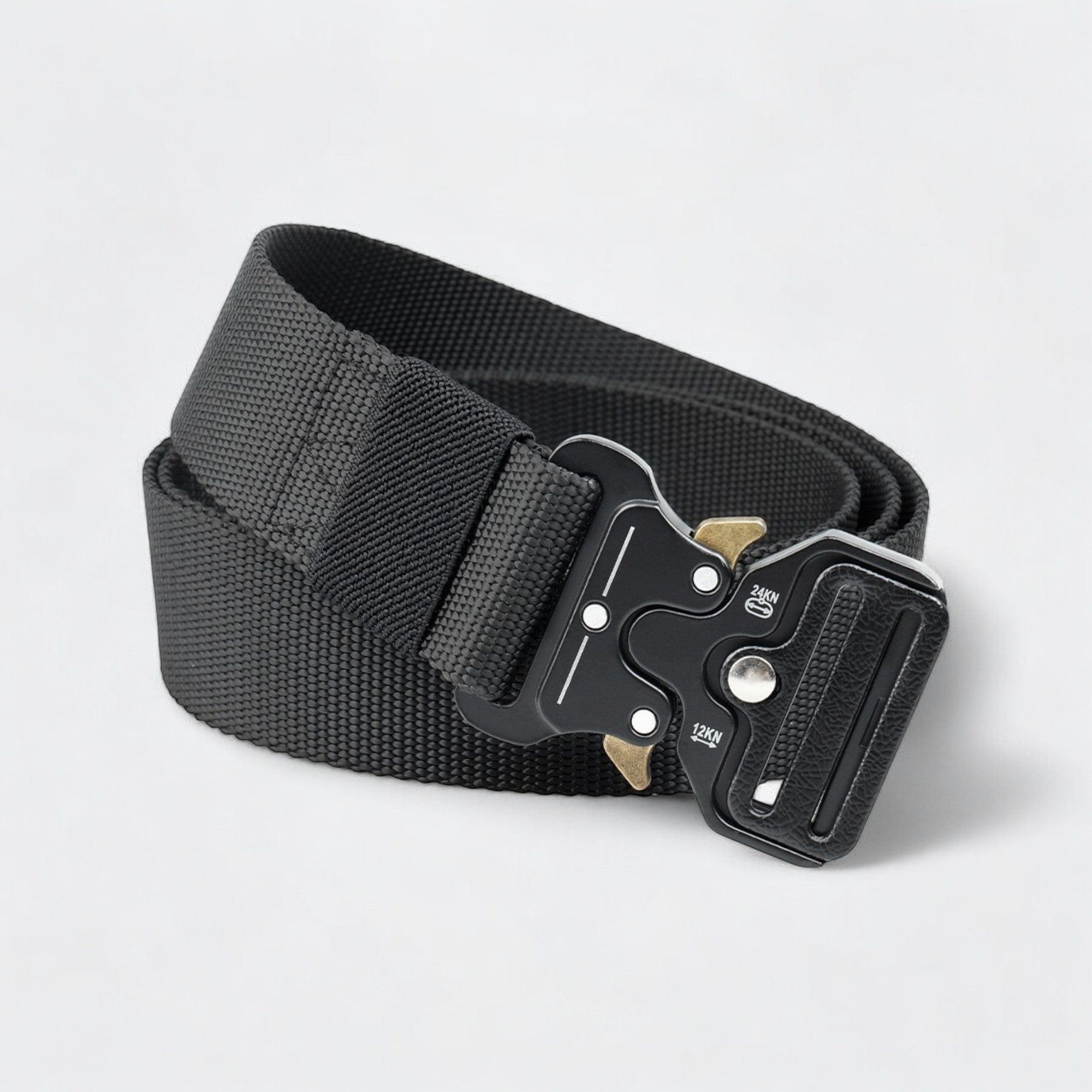 Two tactical belts, one green and one black, with metal buckles.